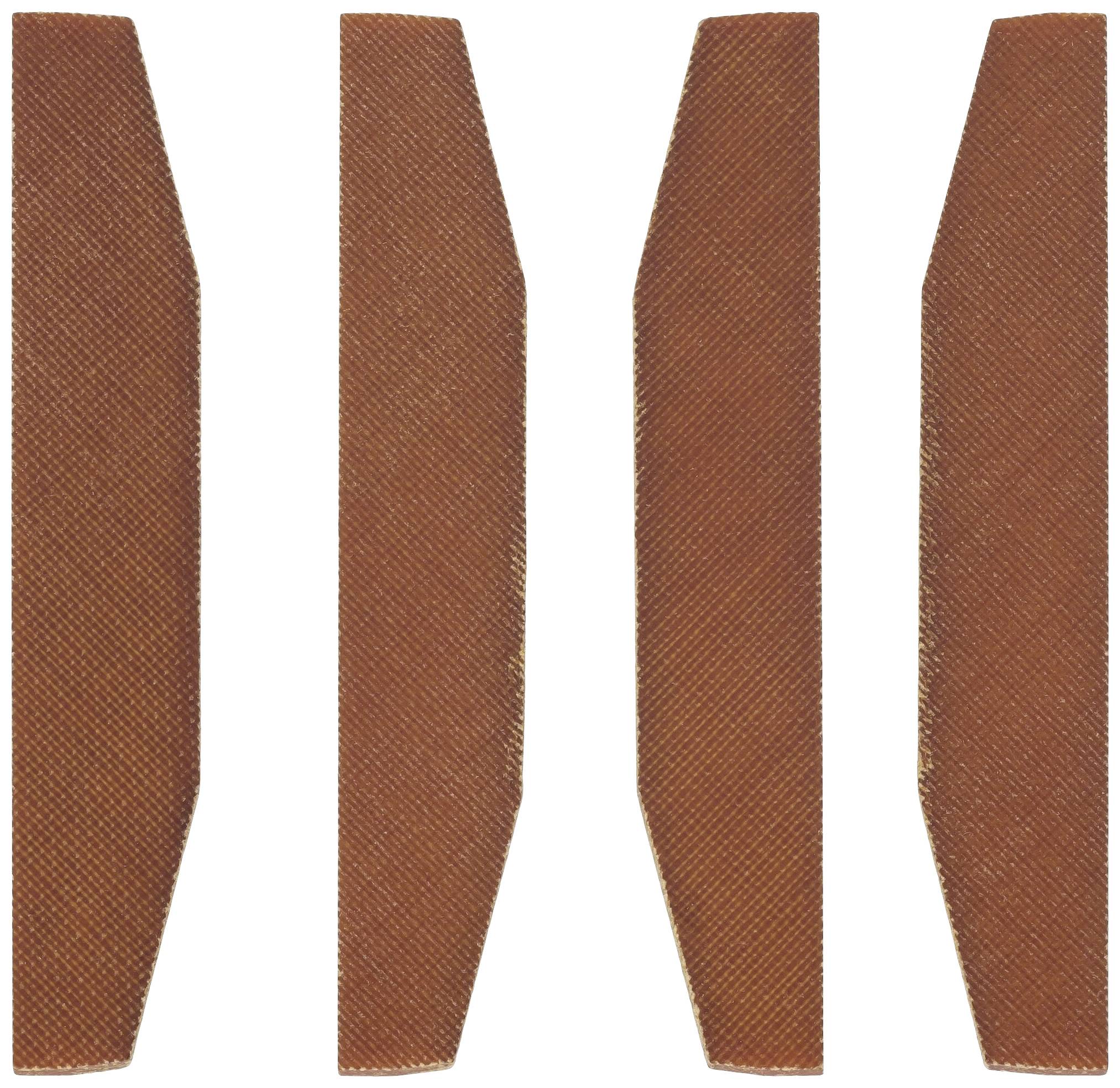 Quatre objets bruns, oblongs, avec des extrémités biseautées, disposés verticalement de manière uniforme, sur un fond blanc.