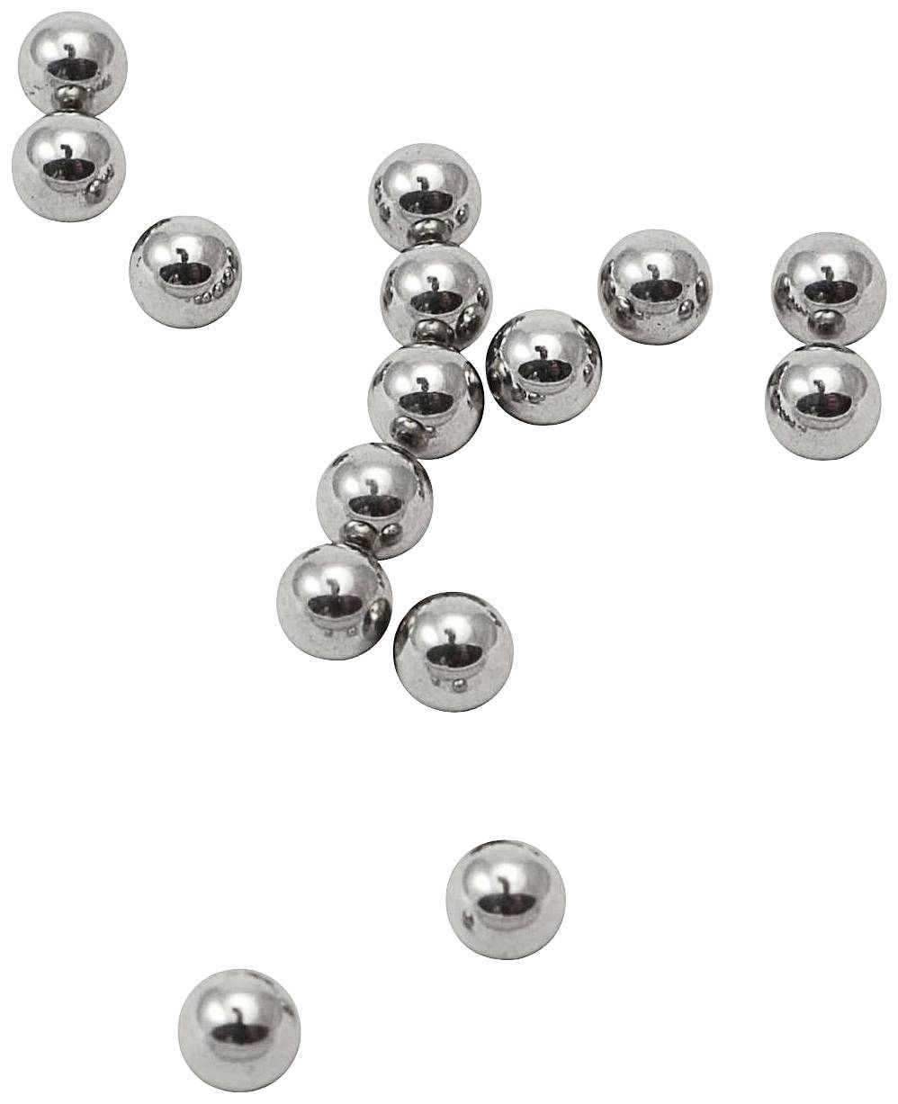 Seize boules réfléchissantes argentées irrégulièrement réparties sur un fond blanc.