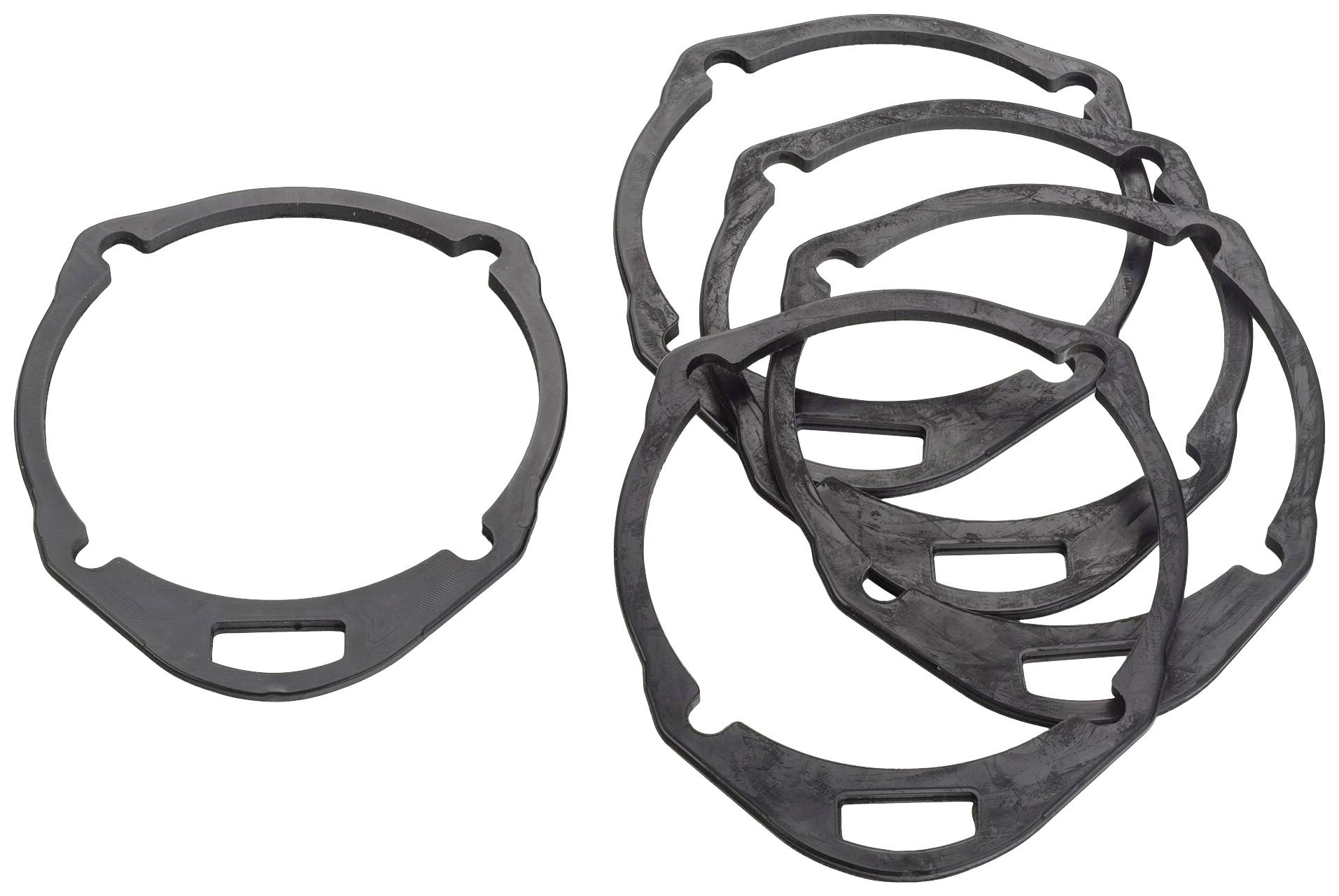 Six anneaux gris foncé métalliques, cinq empilés les uns sur les autres et un à côté. Ils semblent identiques en forme et en taille.