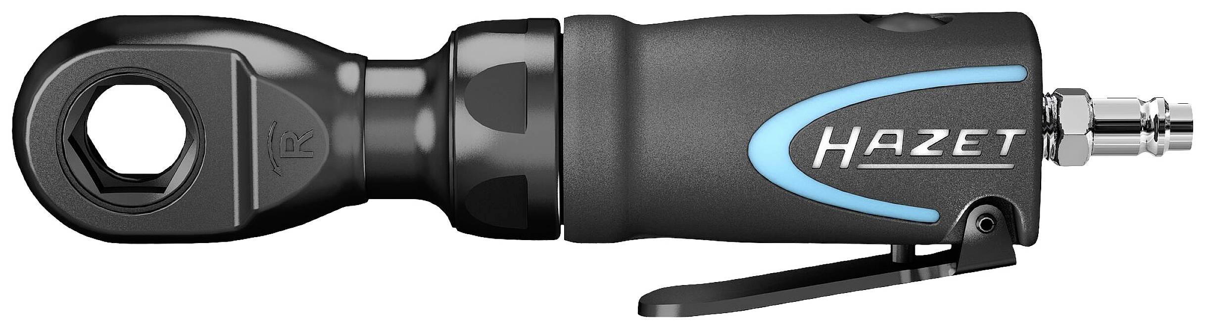Tournevis à cliquet pneumatique noir de Hazet avec poignée ergonomique et marquage bleu, levier du côté droit.