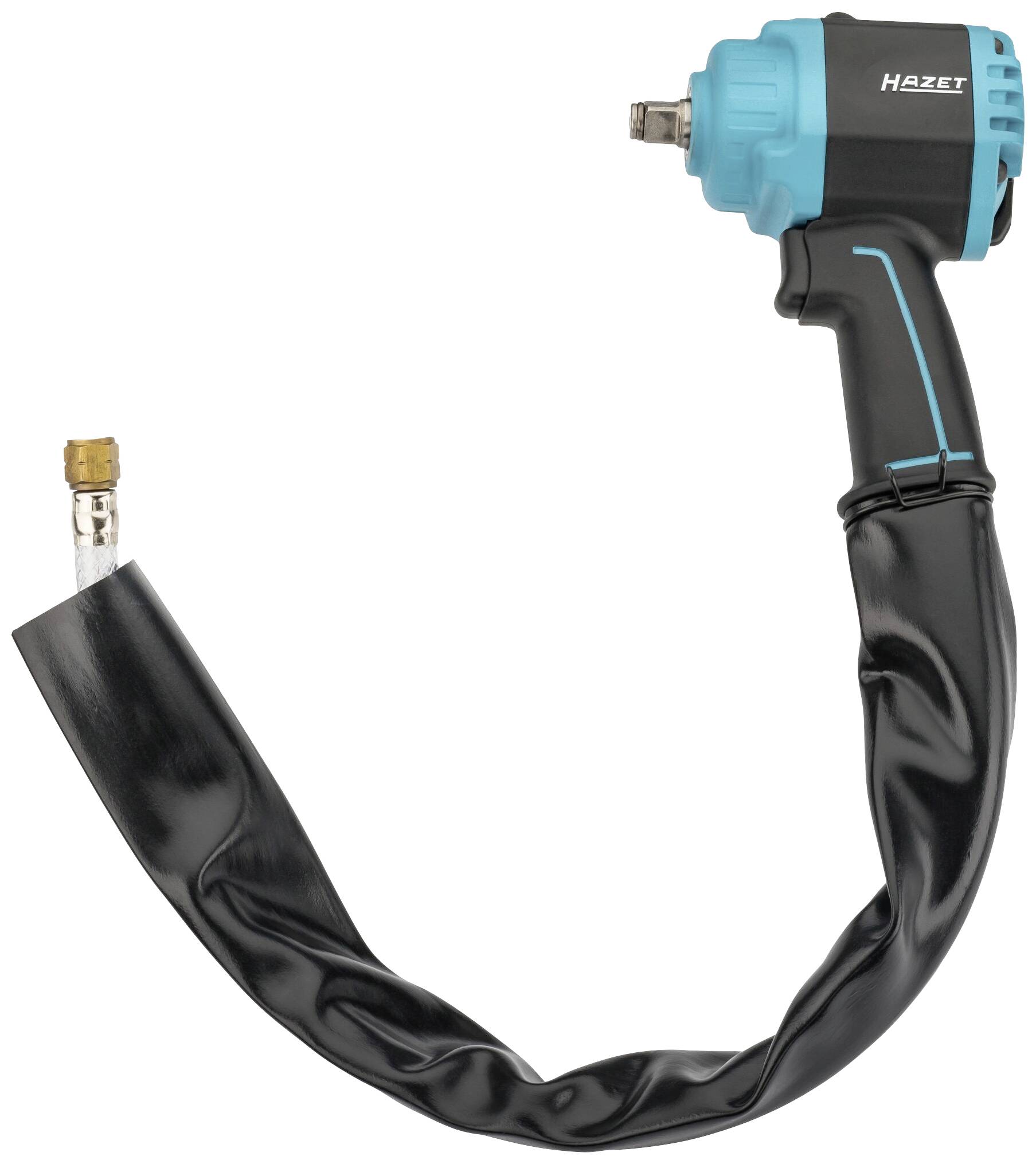 Visseuse pneumatique avec boîtier bleu-noir et tuyau noir ; outil de vissage avec connexion pour compresseur d'air.