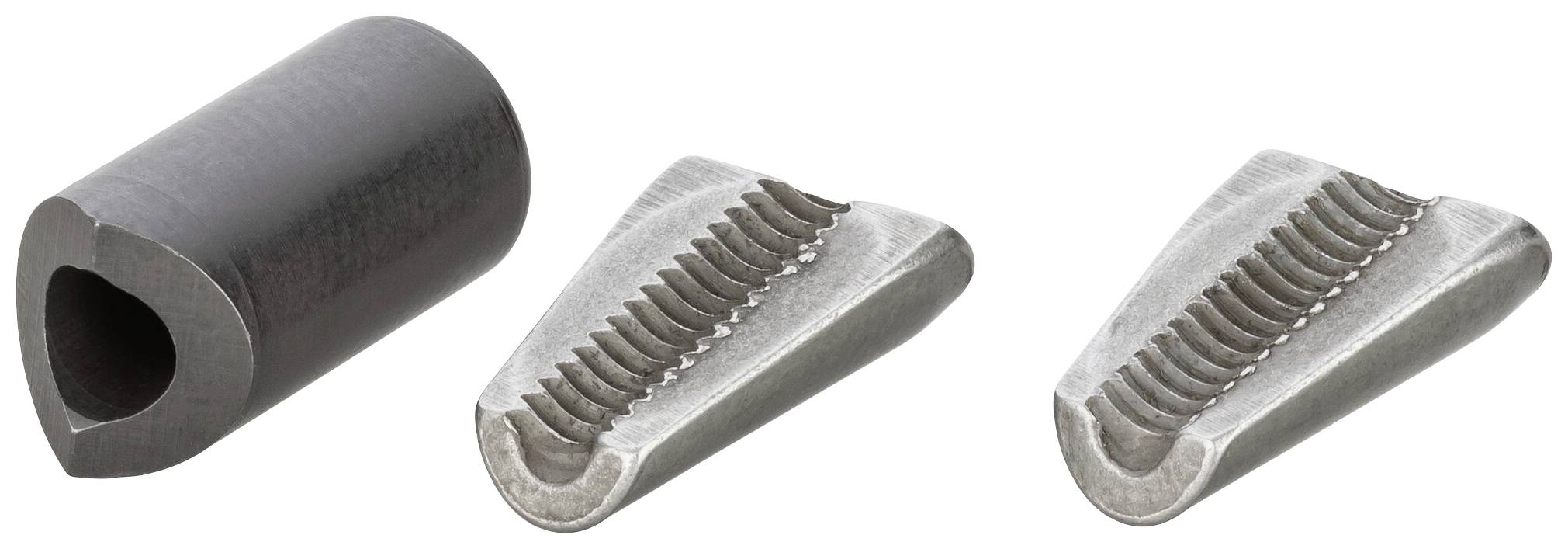 Support métallique et deux insertions dentées ; utilisé pour la fixation ou comme composant de systèmes mécaniques.