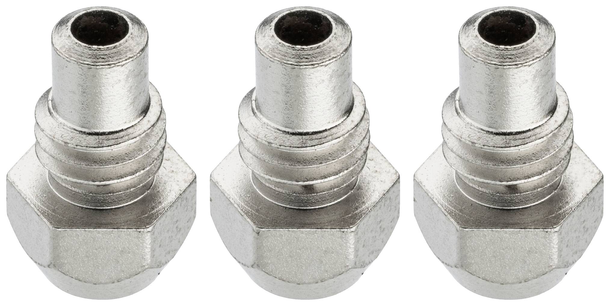 Trois combinaisons métalliques identiques avec des bases hexagonales et des élévations cylindriques, disposées uniformément sur un fond blanc.