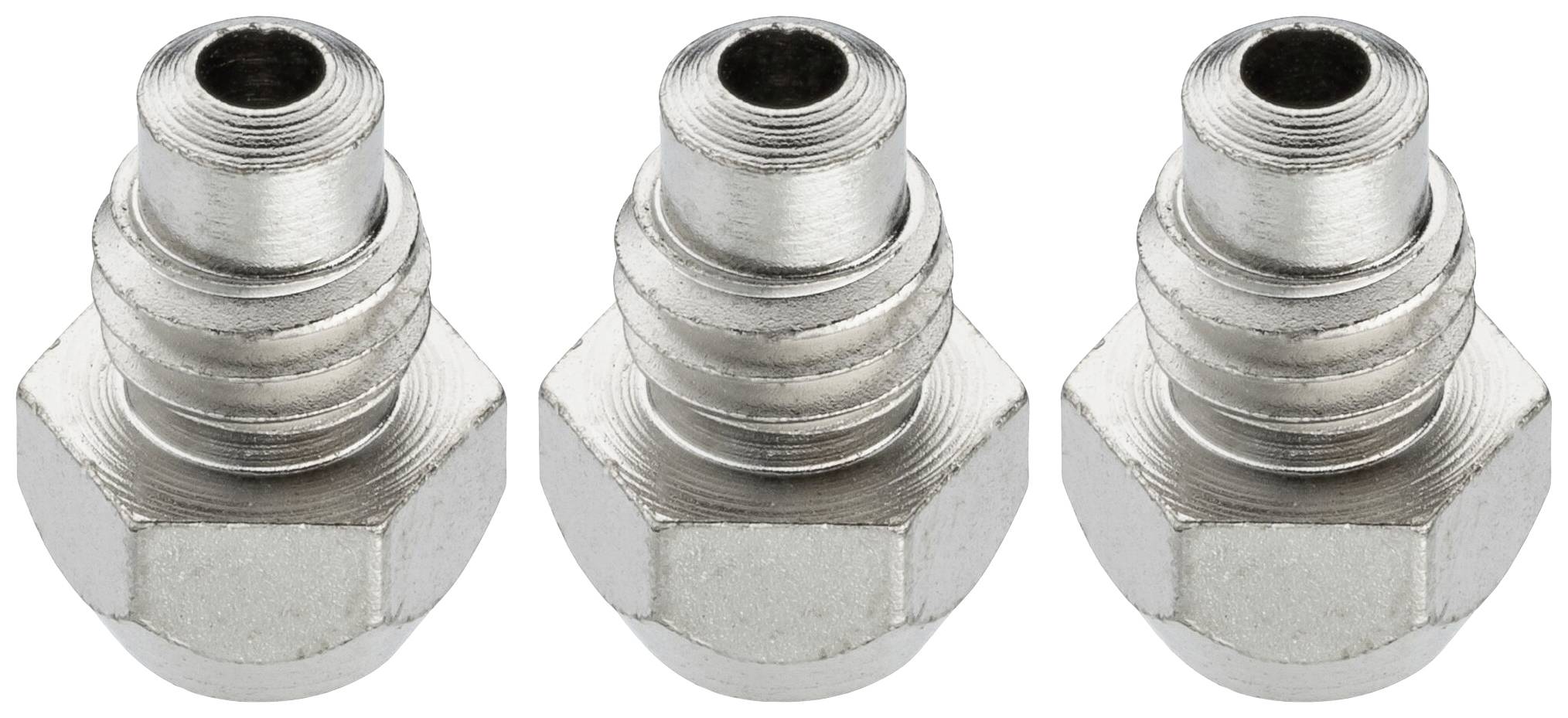 Trois connexions métalliques argentées disposées de manière uniforme. Chaque connexion présente une extrémité hexagonale avec une transition filetée dentée.
