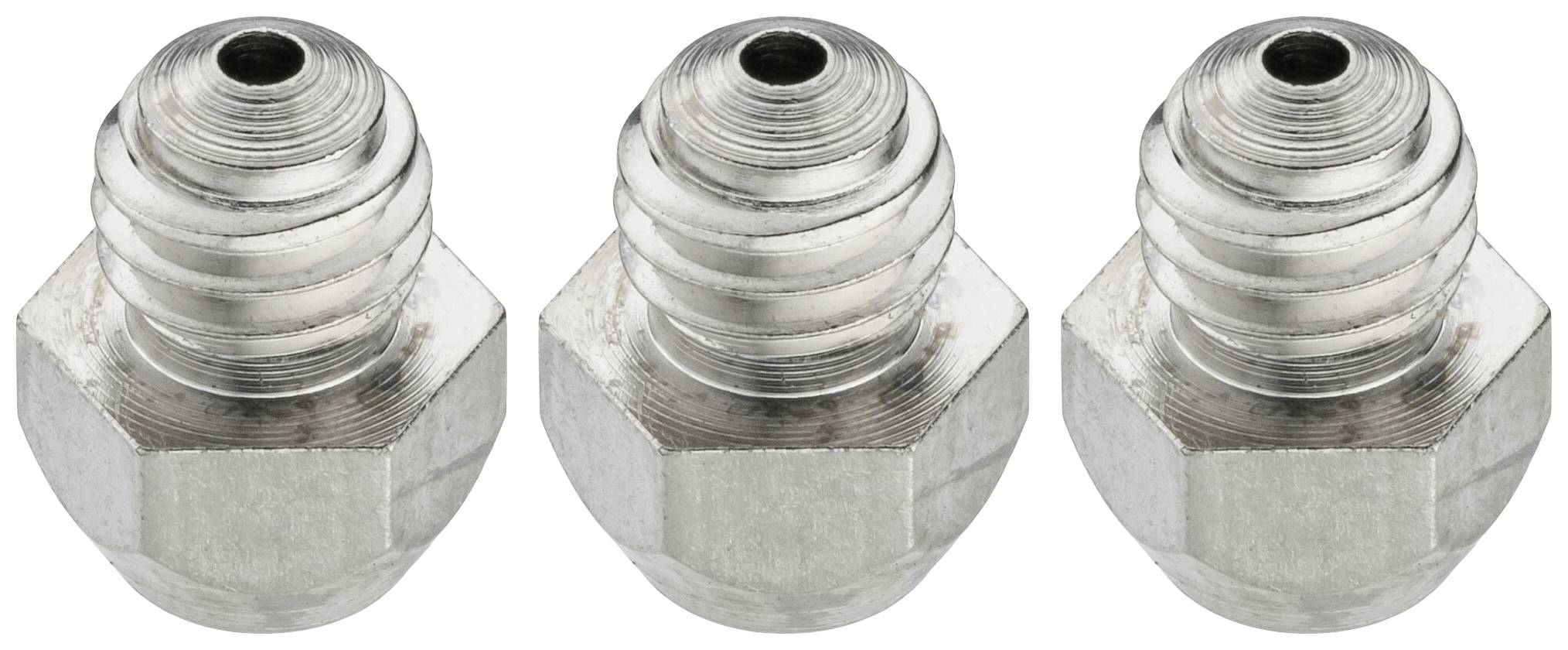 Trois écrous hexagonaux métalliques à surface supérieure arrondie, alignés. Ils sont identiques et faits d'un métal de couleur argent.