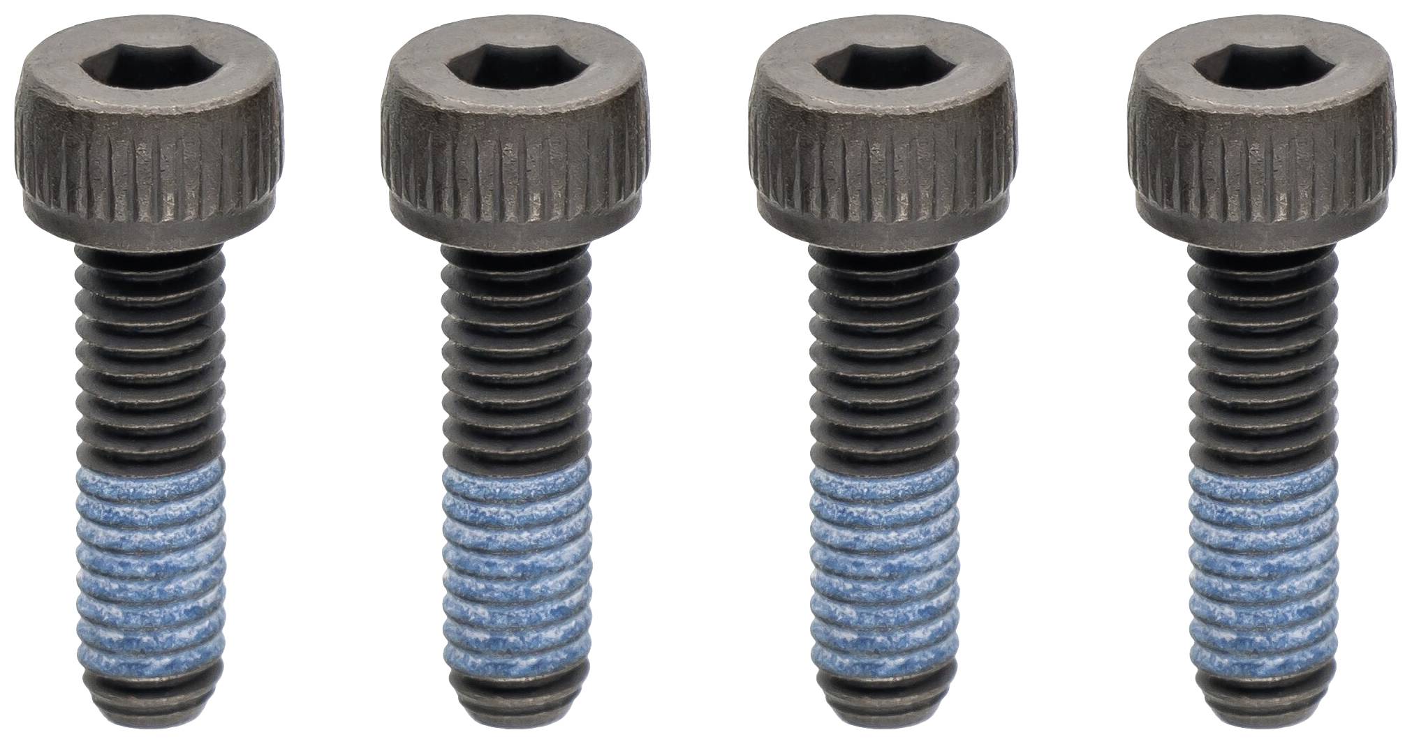Quatre vis à tête hexagonale noires avec un revêtement bleu sur le filetage inférieur. Idéales pour les applications techniques ou de réparation.