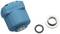 Adaptateur hydraulique bleu avec deux vannes métalliques à côté ; utilisé pour connecter des tuyaux dans des applications industrielles.