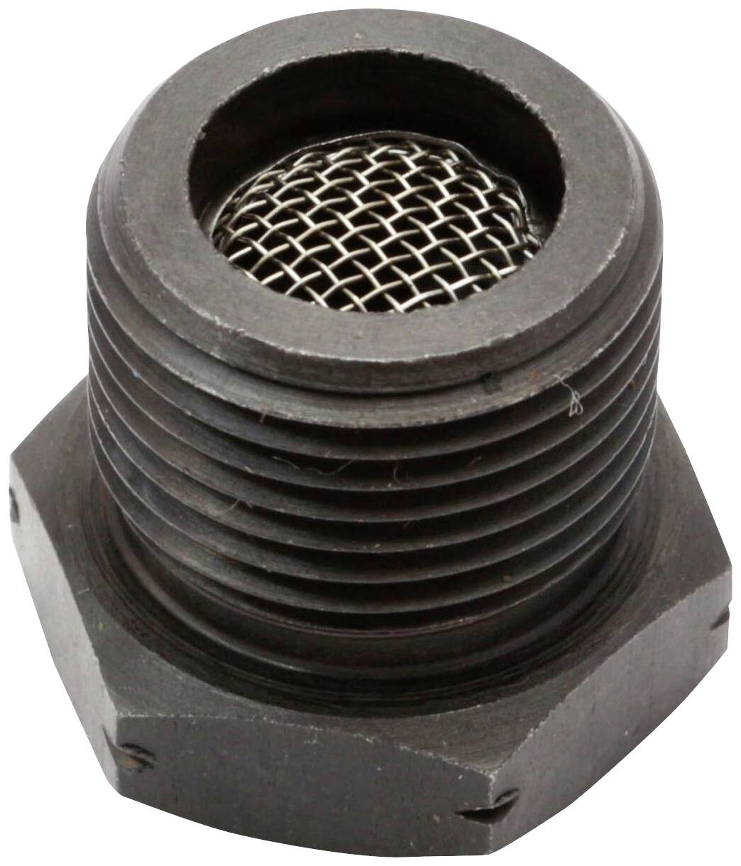 Un bouchon noir en métal fileté avec une grille métallique intégrée au centre, probablement destiné à des applications de filtration ou de régulation de pression.