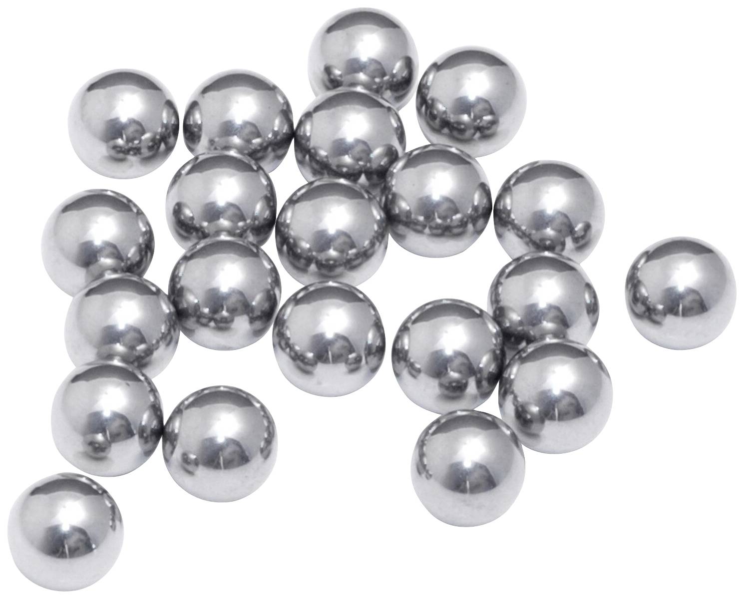 Plusieurs boules de métal argentées sont dispersées de manière lâche sur une surface blanche.