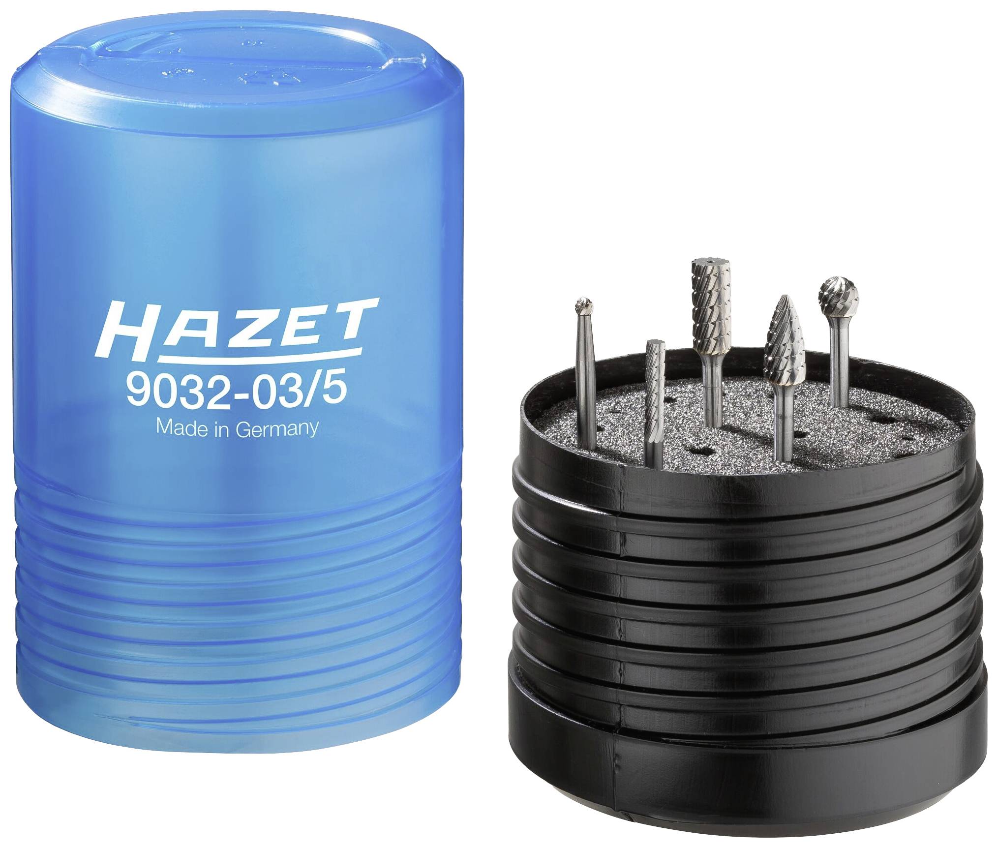 Ensemble de six fraises de différentes formes dans un récipient en plastique bleu de la marque 'Hazet', numéro de modèle 9032-03/5.