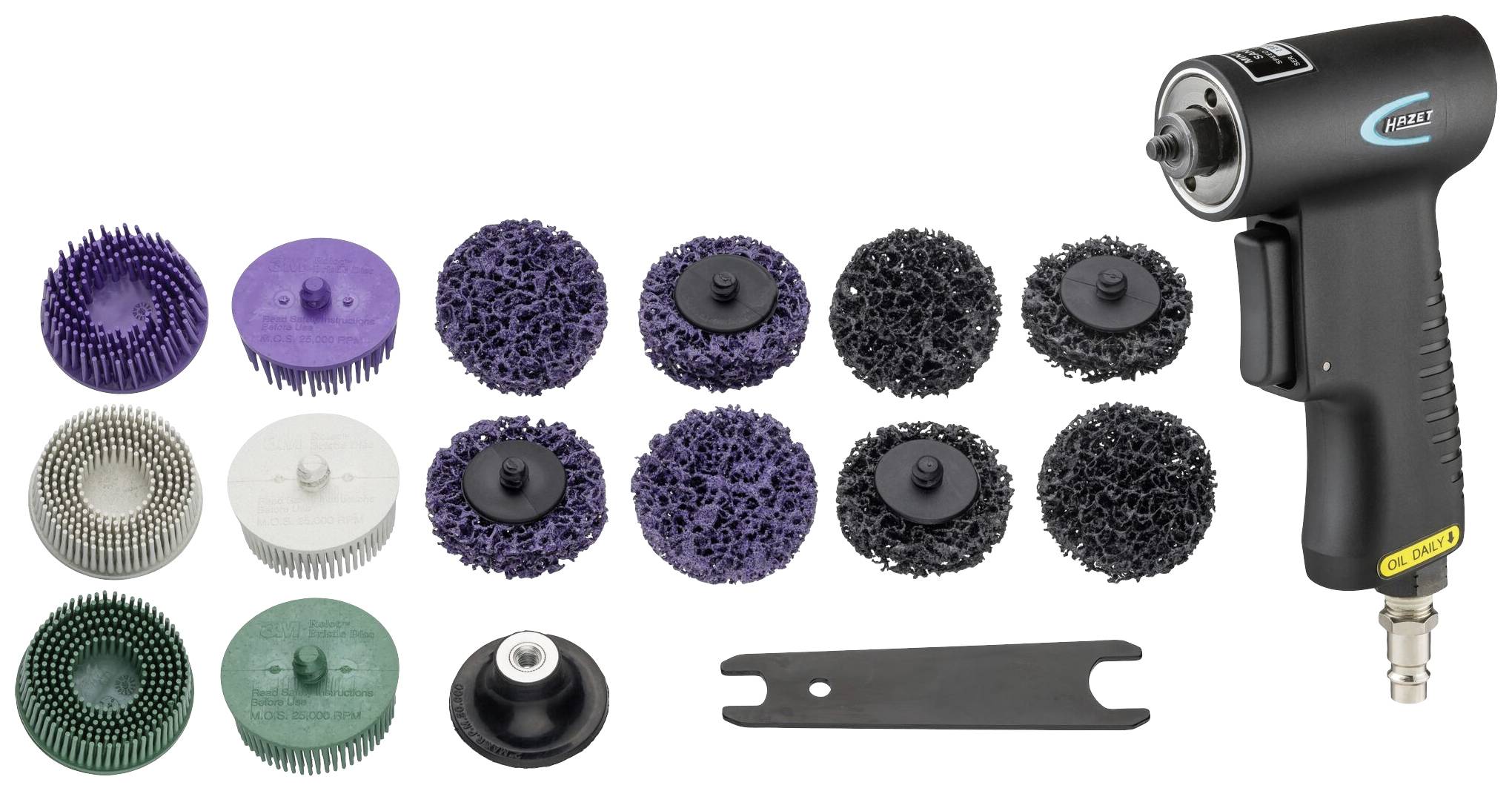 Outil de meulage pneumatique avec différents embouts de meulage de formes et de couleurs variées, comprenant un outil de changement d'accessoires.