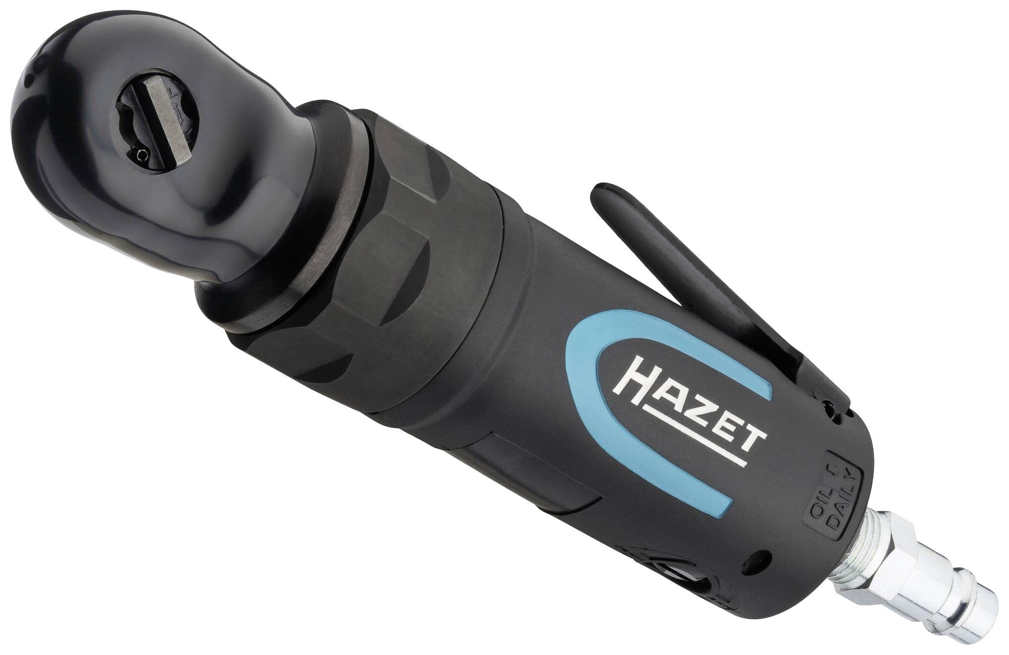 Un tournevis à cliquet pneumatique de la marque Hazet, noir avec logo bleu, adapté aux travaux de vissage en atelier.