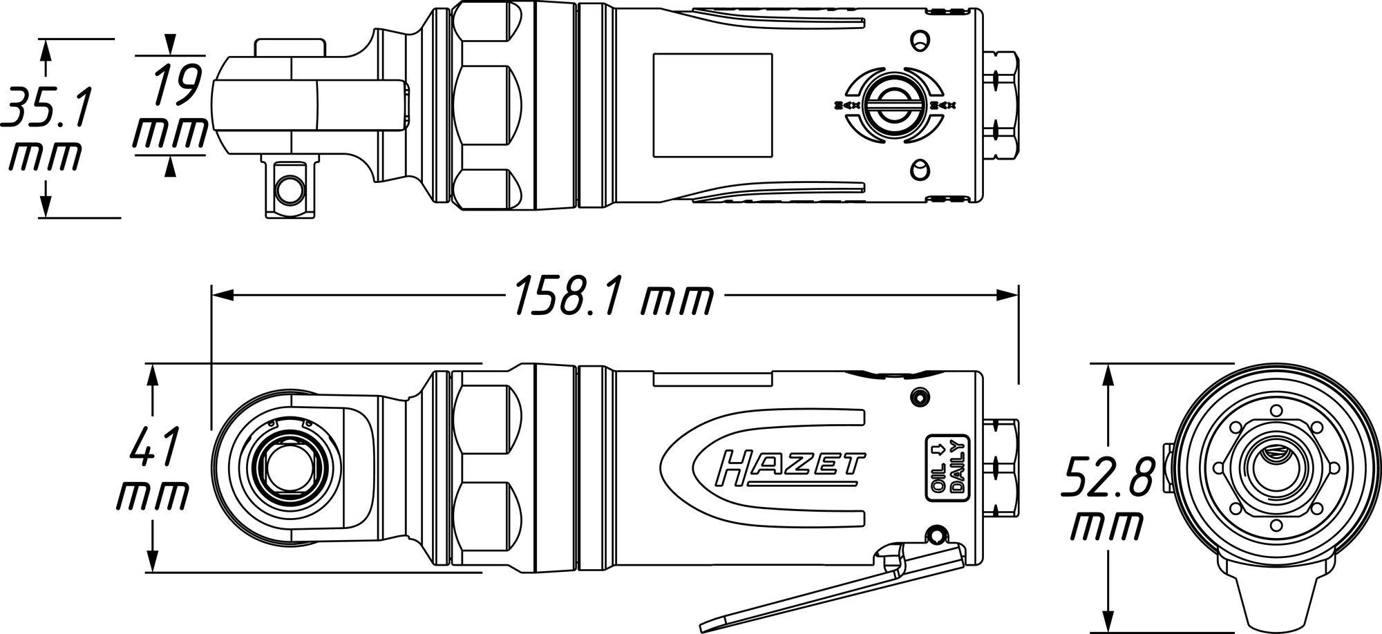 Dessin technique d'une clé dynamométrique avec dimensions : 35,1 mm de large, 41 mm de haut, 158,1 mm de long, et 52,8 mm de diamètre.