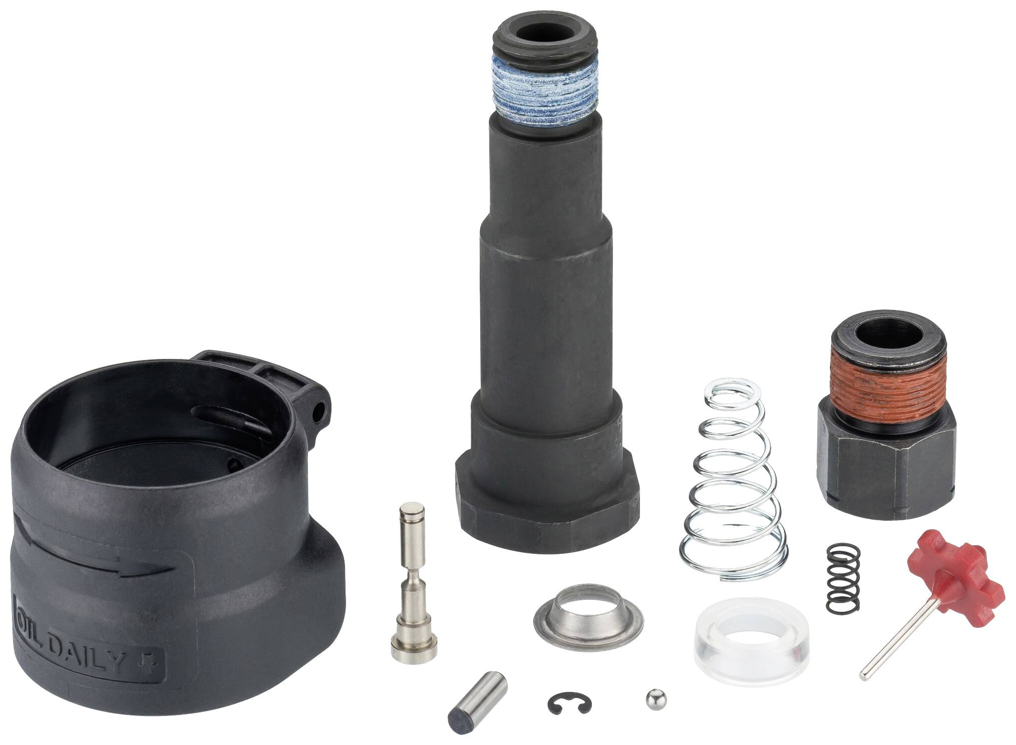 Un ensemble de pièces de rechange pour équipements hydrauliques, comprenant des joints, des ressorts et divers composants métalliques et plastiques.