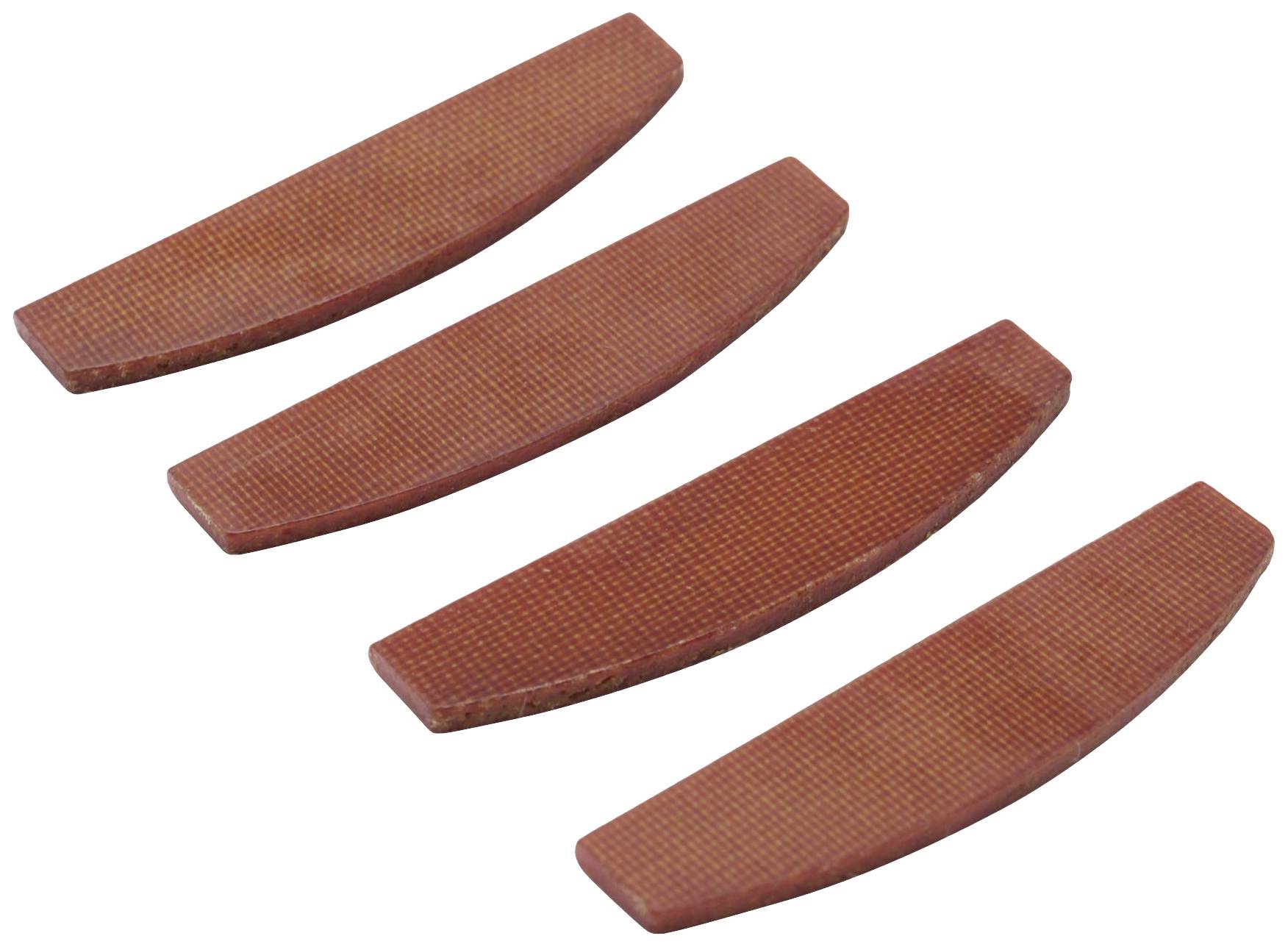 Quatre pierres à aiguiser bombées, rectangulaires et rougeâtres sur un fond blanc.