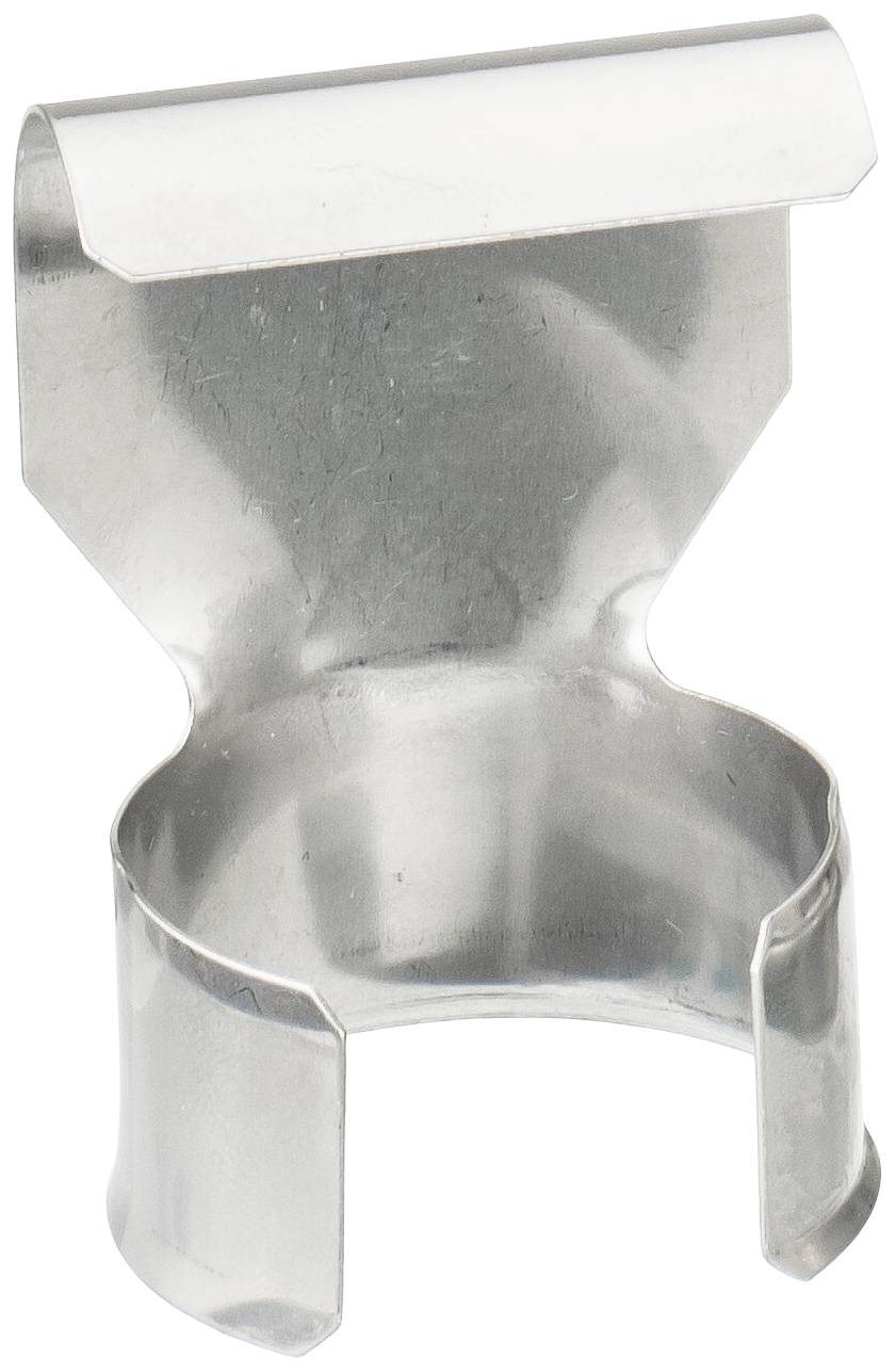 Un clip en métal argenté avec une base ronde et un dos plat, adapté pour fixer des objets à une surface.