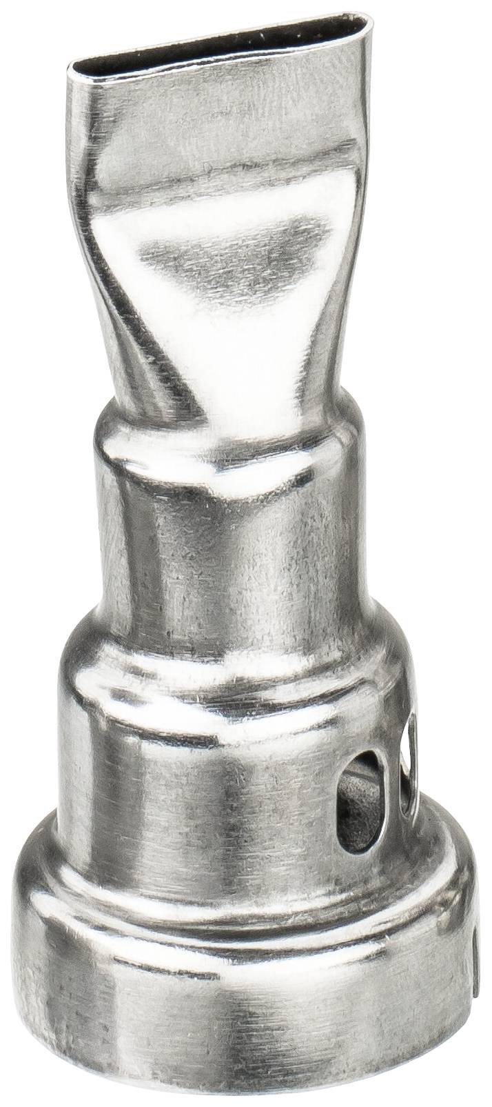 Pièce métallique de buse avec une ouverture élancée de forme trapézoïdale et un corps cylindrique, probablement destinée à une utilisation technique ou industrielle.