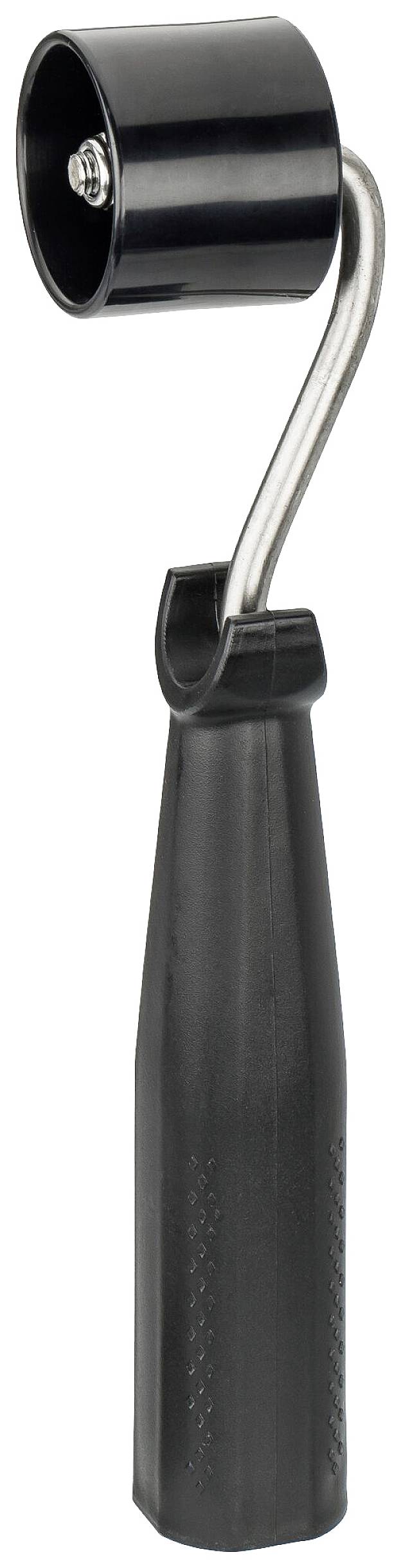 Rouleau à main avec poignée noire et rouleau, probablement utilisé pour lisser ou appliquer dans des applications artisanales ou industrielles.