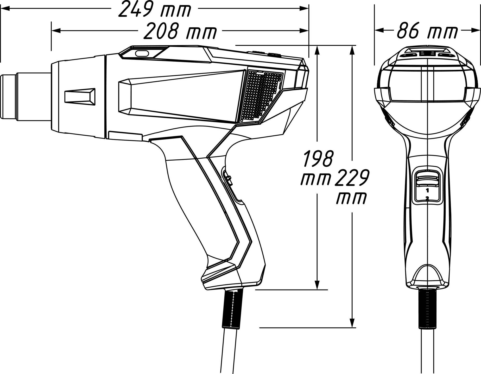 Dessin technique d'un sèche-cheveux avec dimensions : Longueur 249 mm, Largeur 86 mm, Hauteur 198 à 229 mm. Le design présente les vues latérale et arrière.