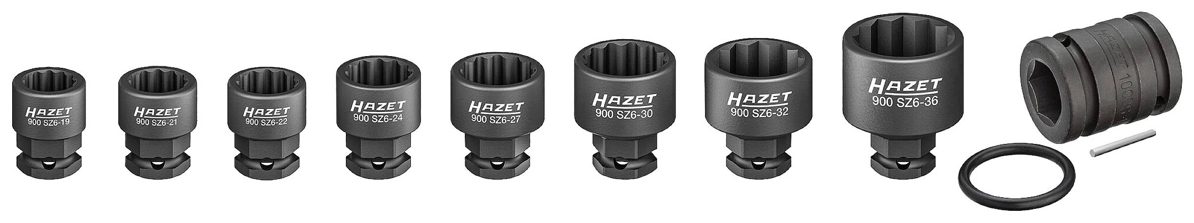 Une série de neuf noix hexagonales de tailles différentes, portant chacune l'inscription 'HAZET 900', sont disposées côte à côte.