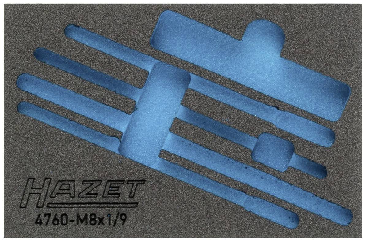 Porte-outils en mousse avec découpes bleues, adapté aux outils HAZET. Texte 'HAZET 4760-M8x1/9'.