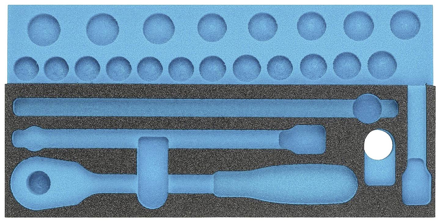 Ensemble d'outils avec insert en mousse, comprenant différentes clés à douilles et rallonges, la moitié supérieure présentant des découpes circulaires.