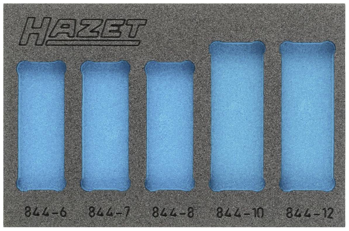 'Insert de mousse avec cinq compartiments, étiqueté 844-6, 844-7, 844-8, 844-10, 844-12, adapté pour les outils de la marque Hazet.'