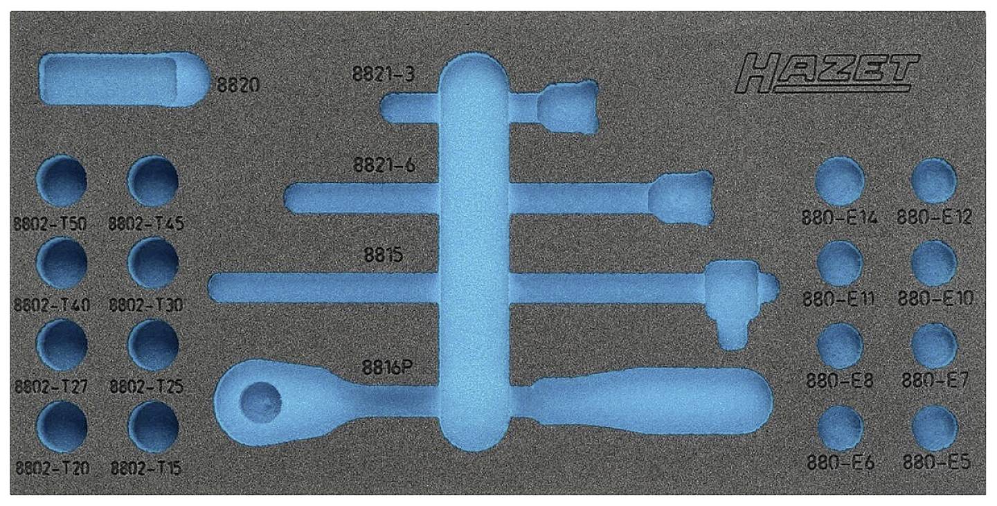 Insertion en mousse pour outils avec différentes clés à douille et tournevis dans des découpes bleues. Marque 'Hazet'.