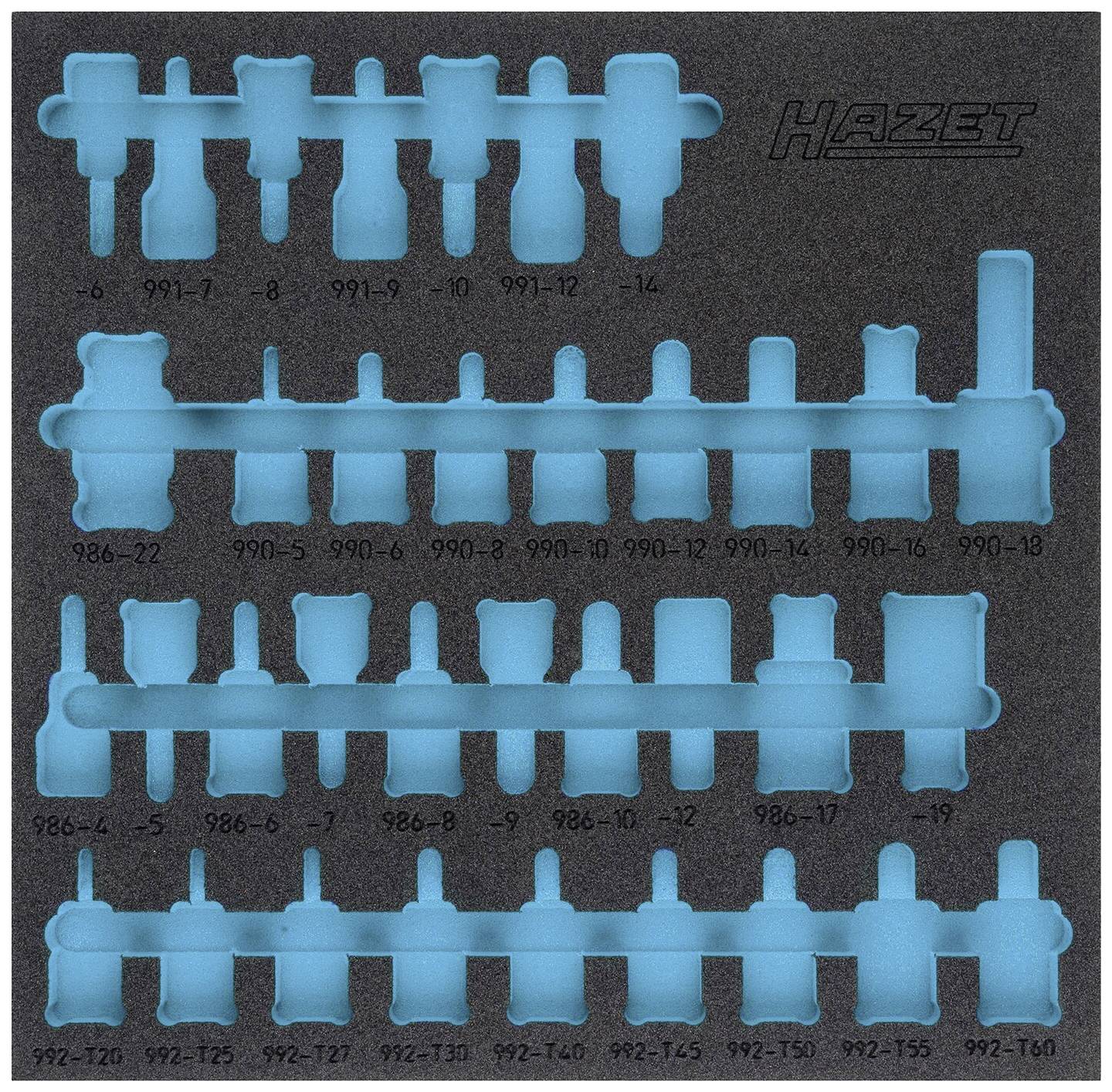 Un insert en mousse avec des étiquettes pour les outils de la marque Hazet, moulé pour le rangement organisé de différents embouts.