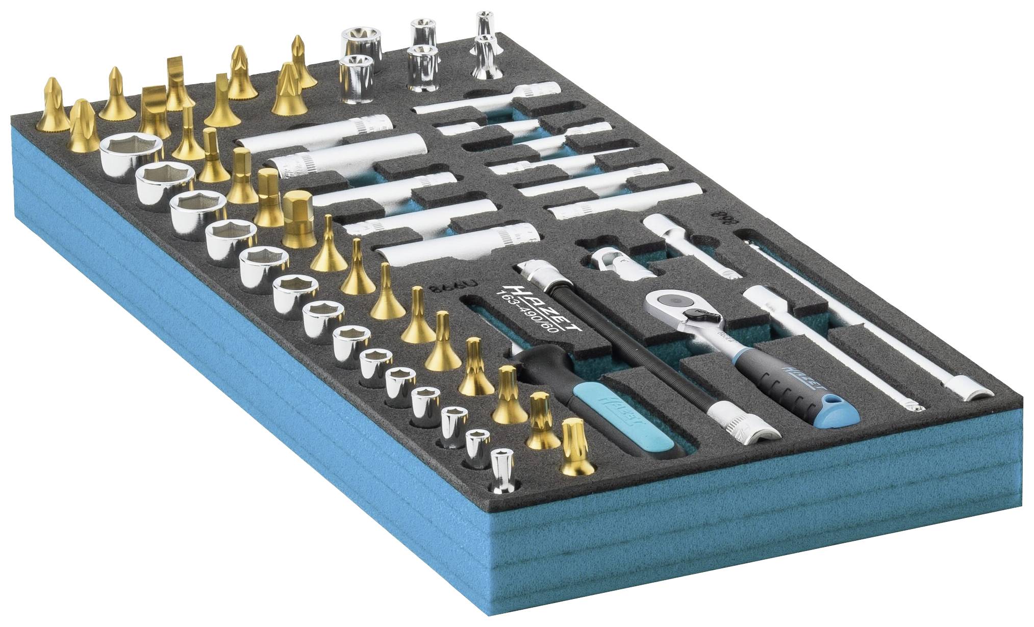 Coffret à outils comprenant divers clés à douille en or et argent, tournevis et pinces, avec doublure en mousse.