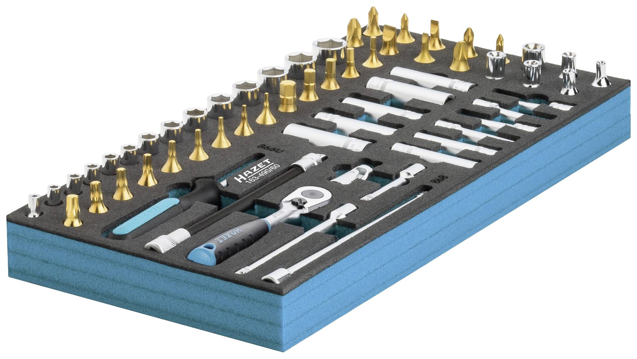 Jeu de tournevis et d'outils avec insert en mousse, différentes douilles et poignées. Organisé pour un accès facile.