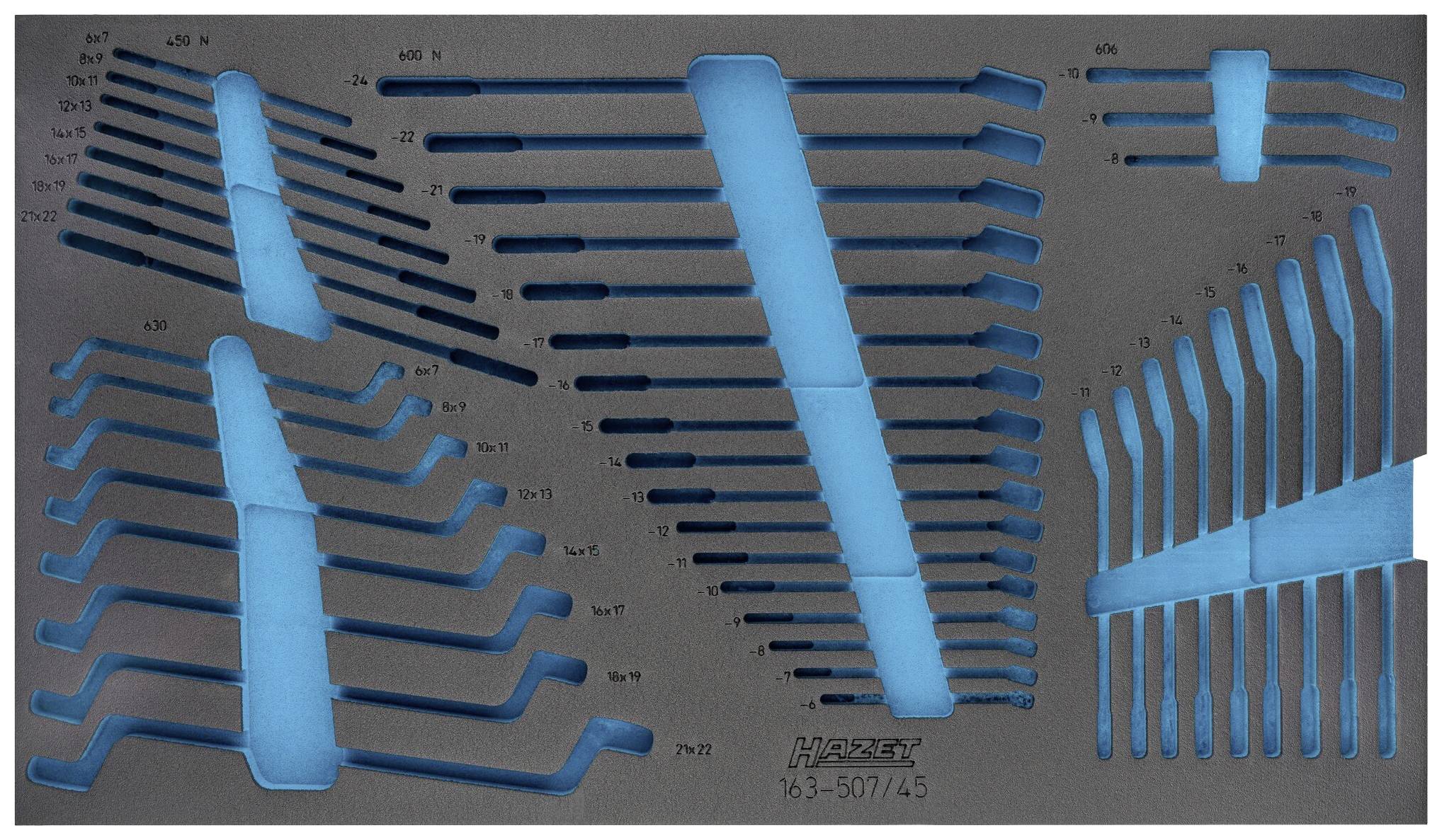 Un insert en mousse avec différentes clés allen disposées de manière ordonnée dans un matériau bleu et gris.