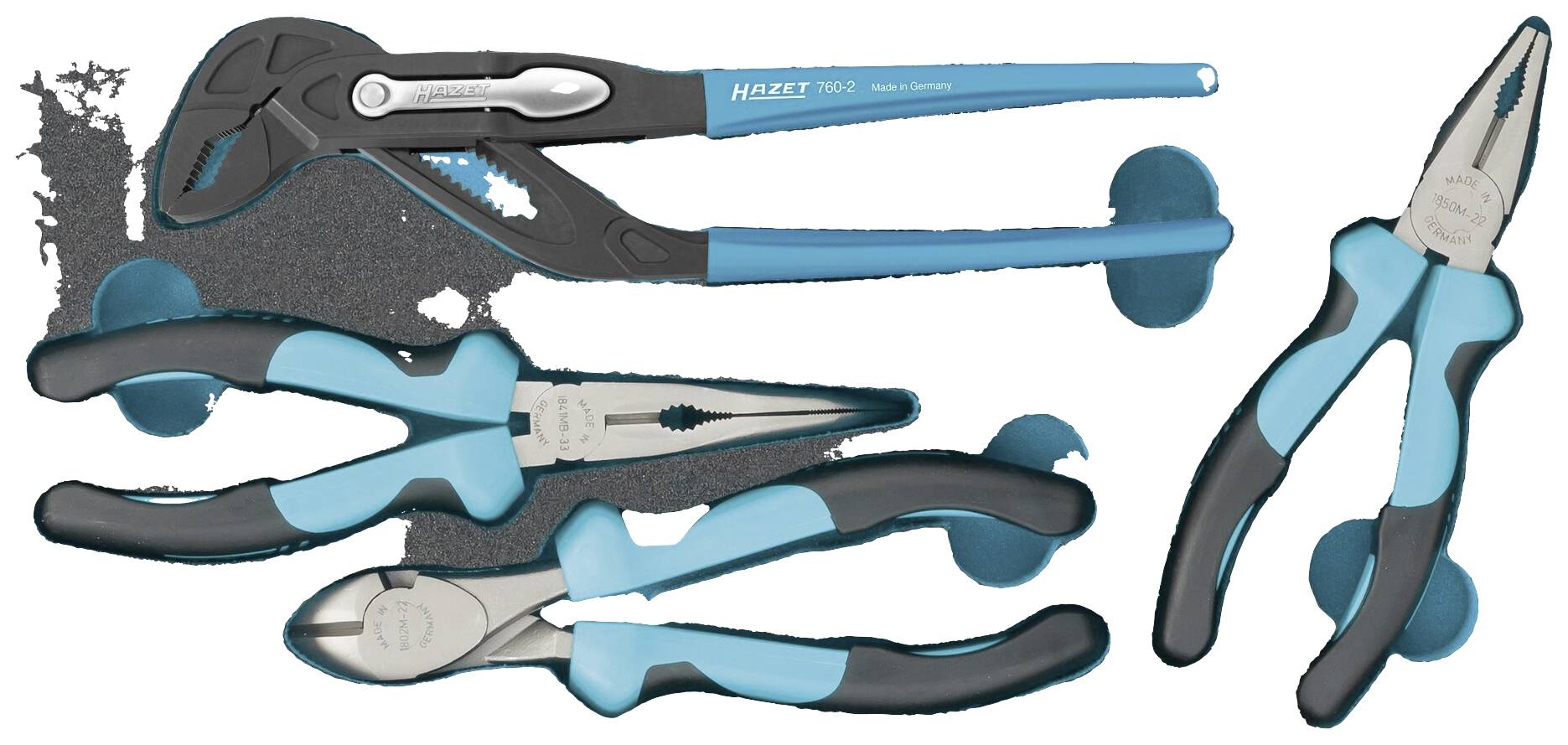 Trois outils manuels différents : un coupe-tube, une pince multifonction et un coupe-câble, tous avec des poignées noir et bleu, disposés côte à côte.