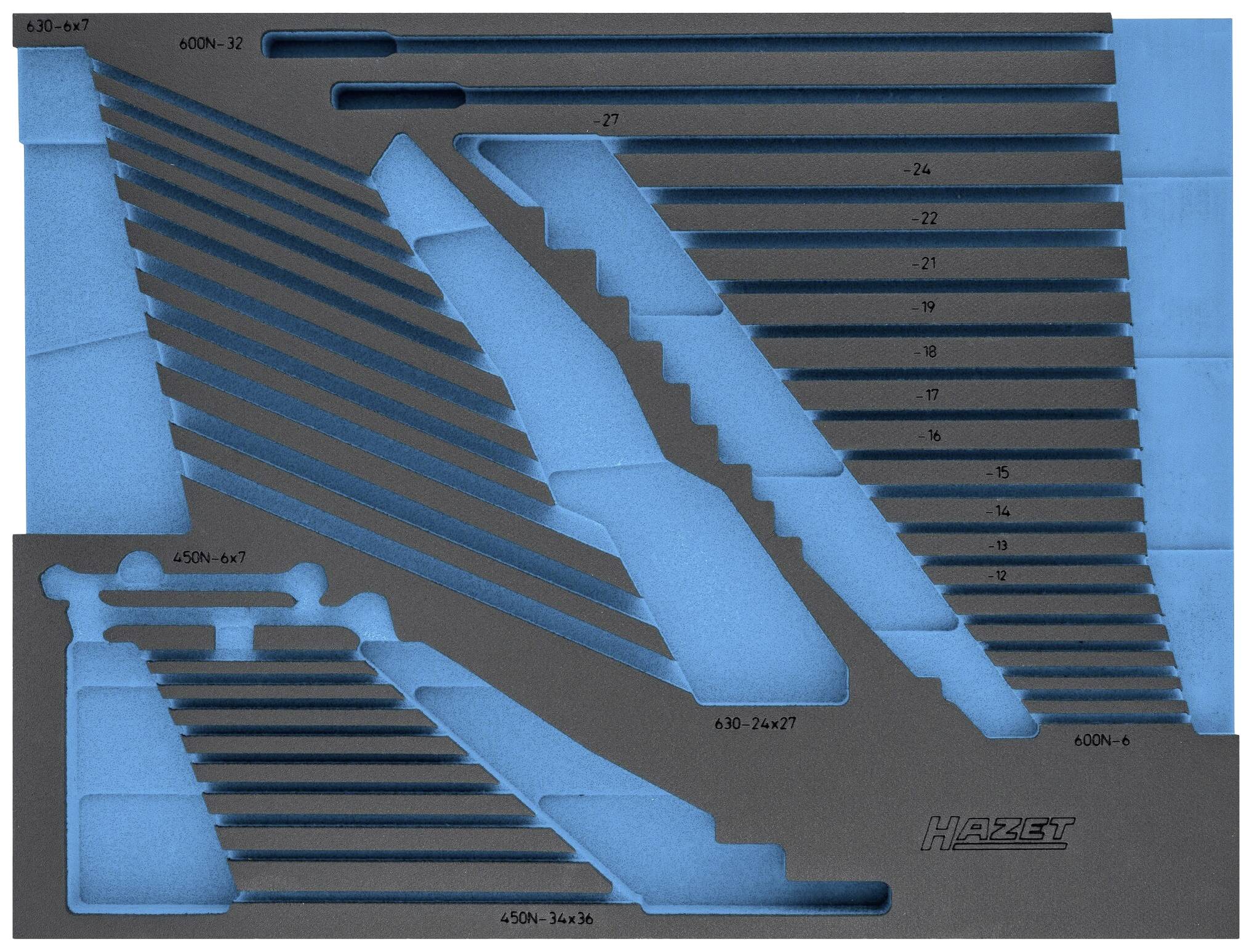 Garniture en mousse avec découpes pour différents outils, étiquetée avec des indications de tailles de 6-32 et 8-27, de la marque Hazet.