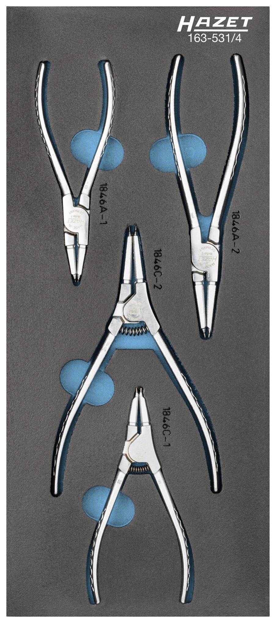 'Ensemble de trois pinces Hazet dans un support en mousse, adapté pour boîte à outils. Comprend les modèles 1, 2 et 3, argent-bleu.'