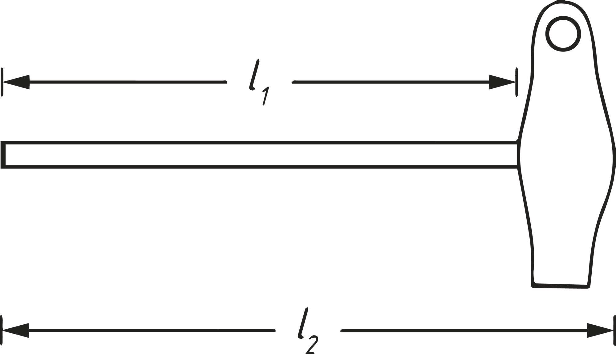 Diagramme d'un marteau avec deux longueurs marquées : 'l1' pour le manche, 'l2' pour la longueur totale. Des flèches de annotation indiquent les dimensions.