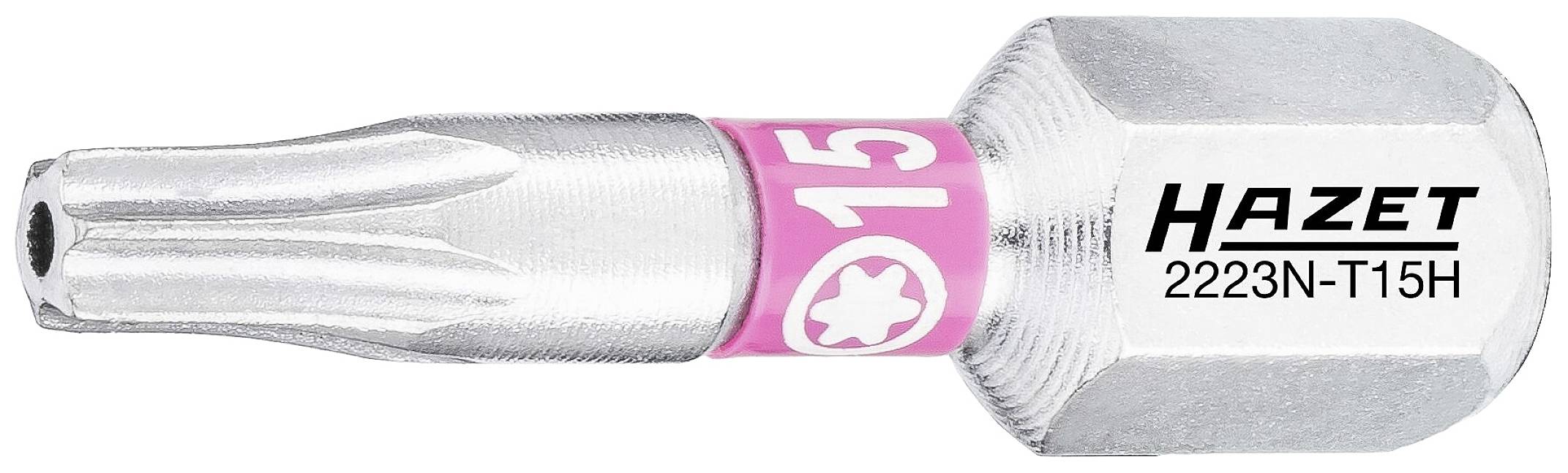 Un embout Torx argenté portant l'inscription 'HAZET 2223N-T15H', avec un anneau rose et de taille 'T15'.