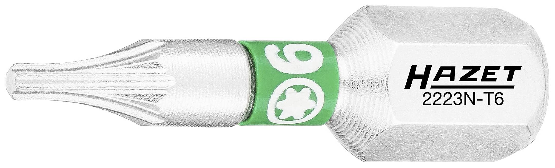 Embout de Hazet, modèle 2223N-T6, forme Torx, taille T6, avec anneau vert. Outil pour un vissage précis.