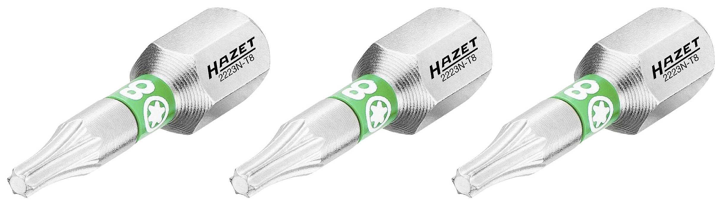 'Trois embouts de tournevis Hazet en argent avec impression verte, côte à côte sur un fond blanc.'