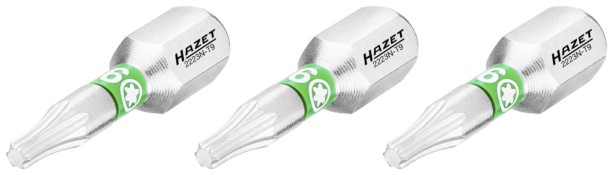 Trois embouts de tournevis en argent avec anneau vert et l'inscription « HAZET 2260N/9 », conçus pour un travail précis.