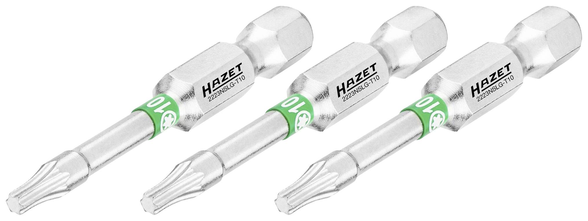 'Trois embouts Torx Hazet n° 3078-T10 en acier avec anneau vert. Ils sont adaptés pour la fixation de vis dans les outils.'