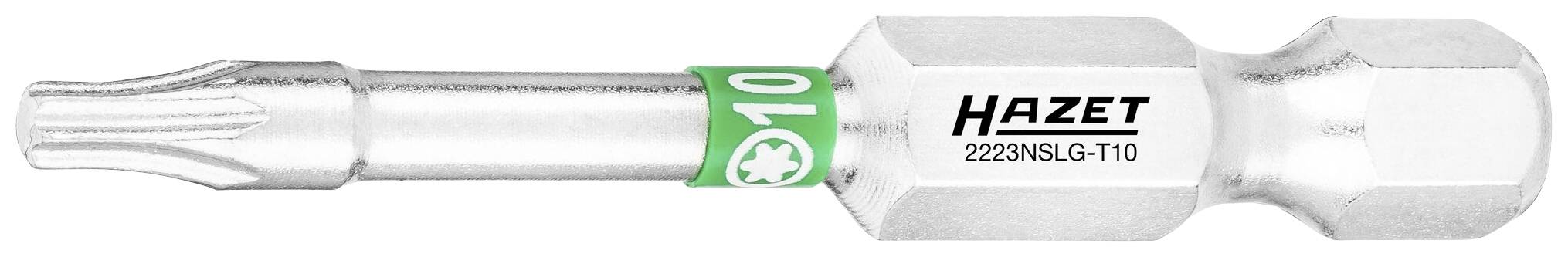 Un embout d'outil Hazet, numéro de modèle 2225NSLG-T10, avec un anneau vert pour vis Torx.