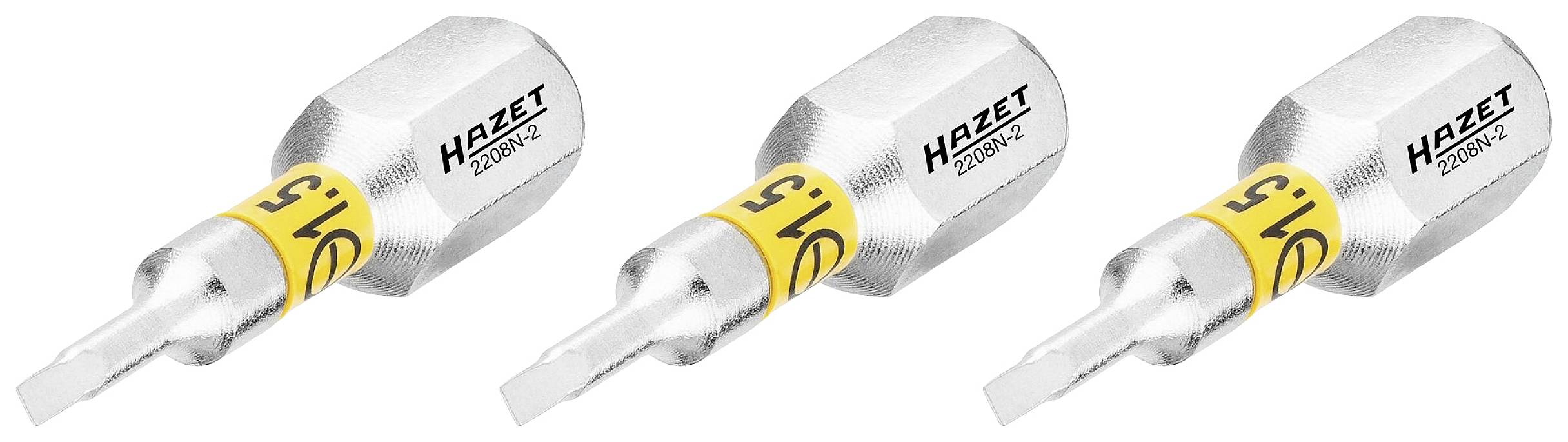 Trois embouts de tournevis en argent avec 'HAZET 2750RV6' et un anneau de marquage jaune portant l'inscription '9/15'.