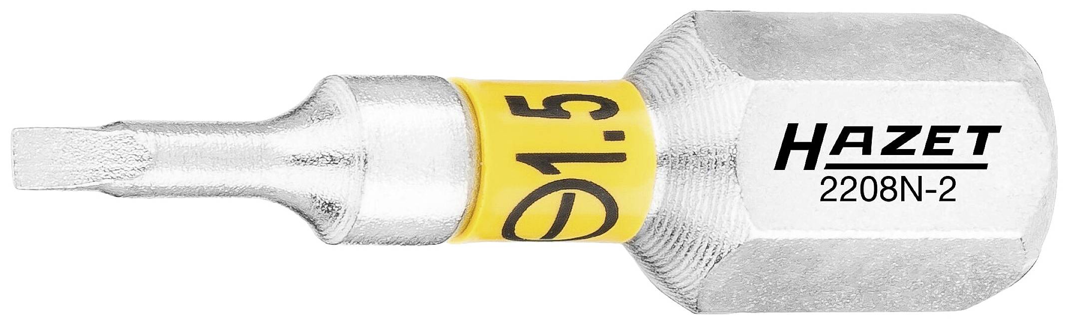 Mors à cliquet avec l'inscription 'Hazet 2208N-2, Ø1,5'. Couleur argent avec anneau jaune. Utilisé spécifiquement pour les tournevis.