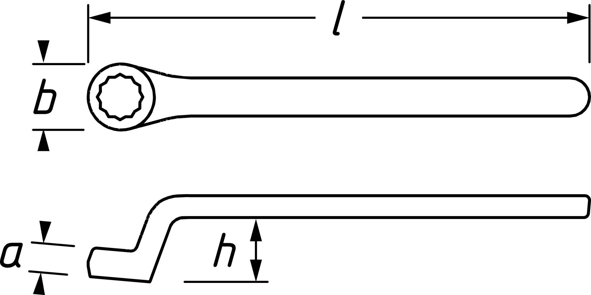 Illustration d'une clé annulaire en vue latérale et de dessus avec les dimensions l, b, a, h.