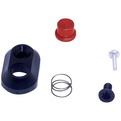 Cinq pièces d'un kit de construction mécanique : ferrure noire, capuchon rouge, broche argentée, ressort métallique et vis noire.