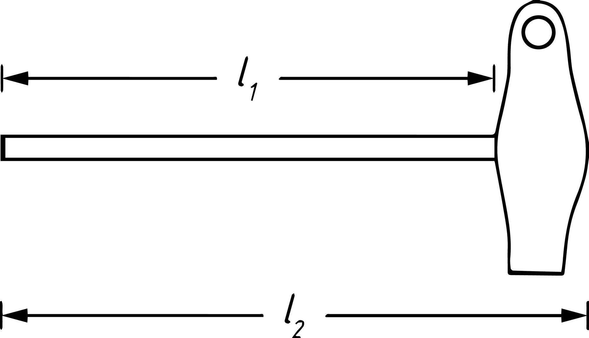 Dessin technique d'un levier à deux longueurs, 'l1' indiquant la longueur du bras de levier le plus court, 'l2' représentant la longueur totale du levier.