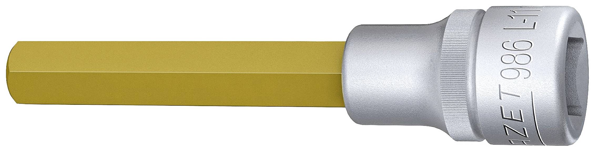 Embout de tournevis à six pans creux jaune avec adaptateur de clé à douille argenté, adapté à une utilisation mécanique ou manuelle.