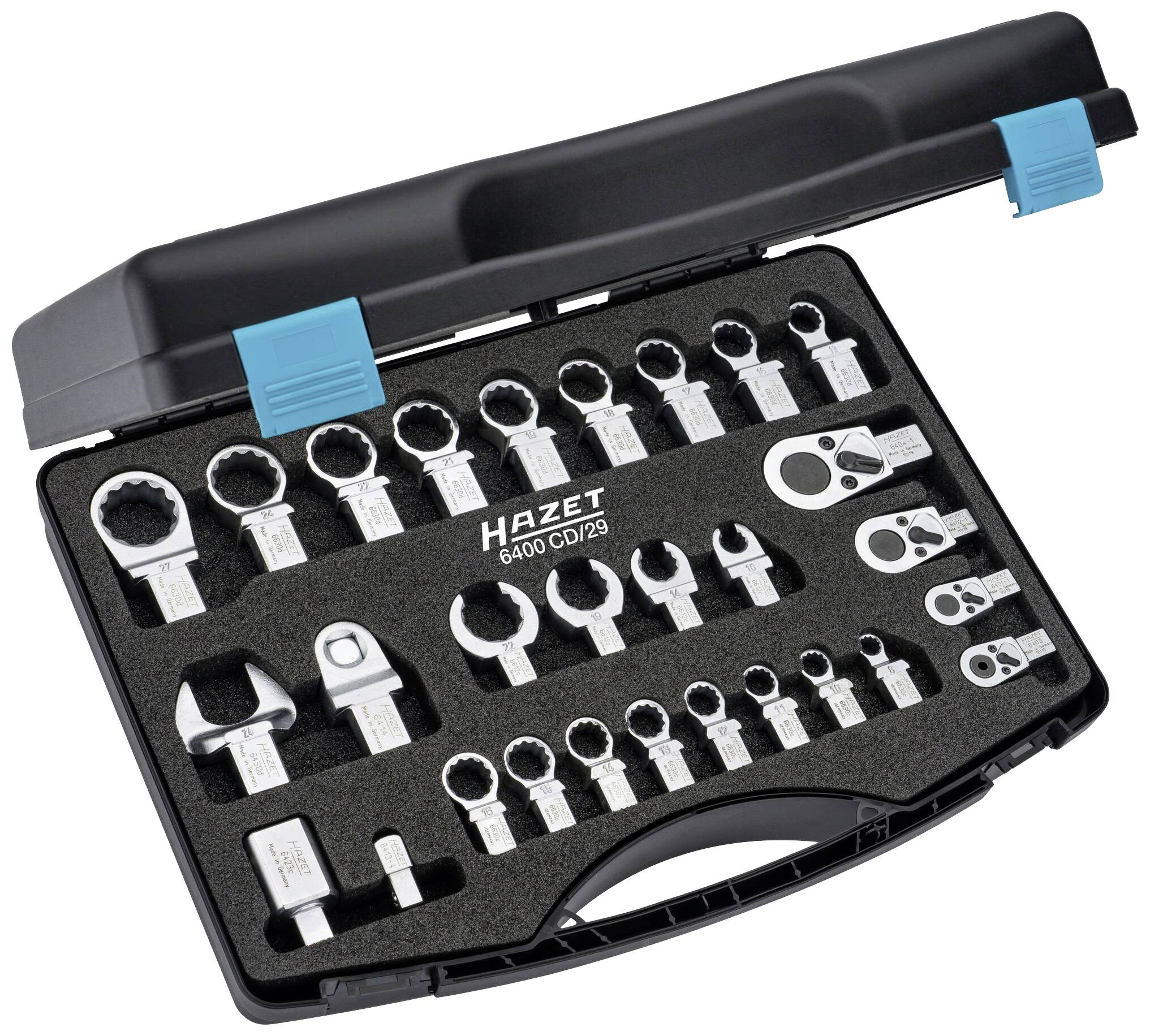 Coffret à outils contenant différentes clés polygonales et douilles de la marque Hazet. Comprend 29 pièces dans un coffret en plastique noir.