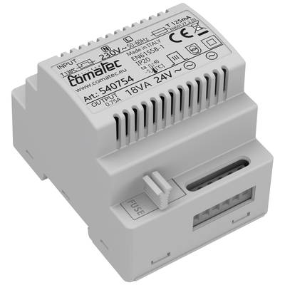 Un transformateur électrique gris portant l'inscription 'Comatec', utilisable de 18V à 24V, avec fusible et connexions.